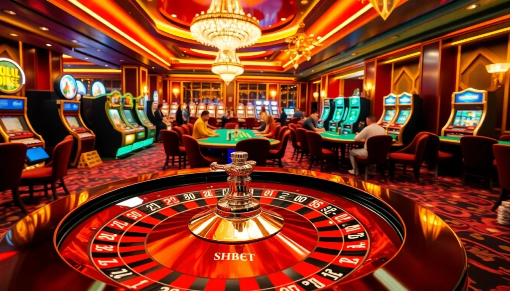SHBET casino scene featuring players engaged in poker, vibrant roulette wheel, and classic slot machines.