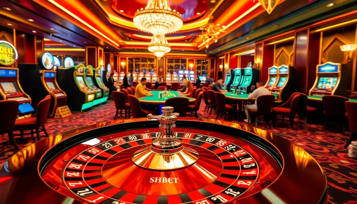 SHBET casino scene featuring players engaged in poker, vibrant roulette wheel, and classic slot machines.
