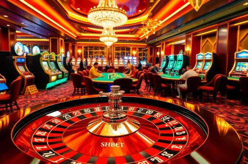 SHBET casino scene featuring players engaged in poker, vibrant roulette wheel, and classic slot machines.