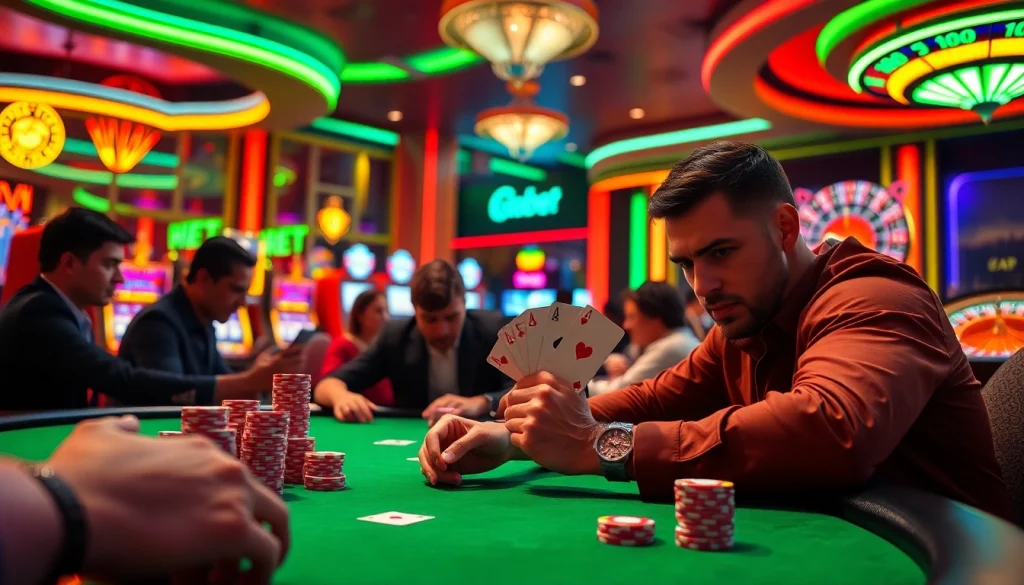 SHBET casino table with players enjoying poker and vibrant slot machines.