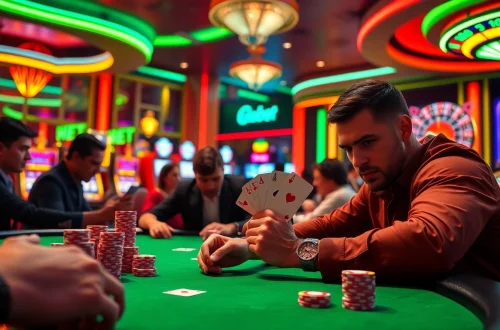 SHBET casino table with players enjoying poker and vibrant slot machines.