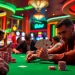 SHBET casino table with players enjoying poker and vibrant slot machines.
